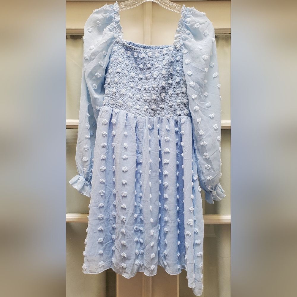 NWT Exlura Women's Light Blue Swiss Dot Smocked Dress - Size XS